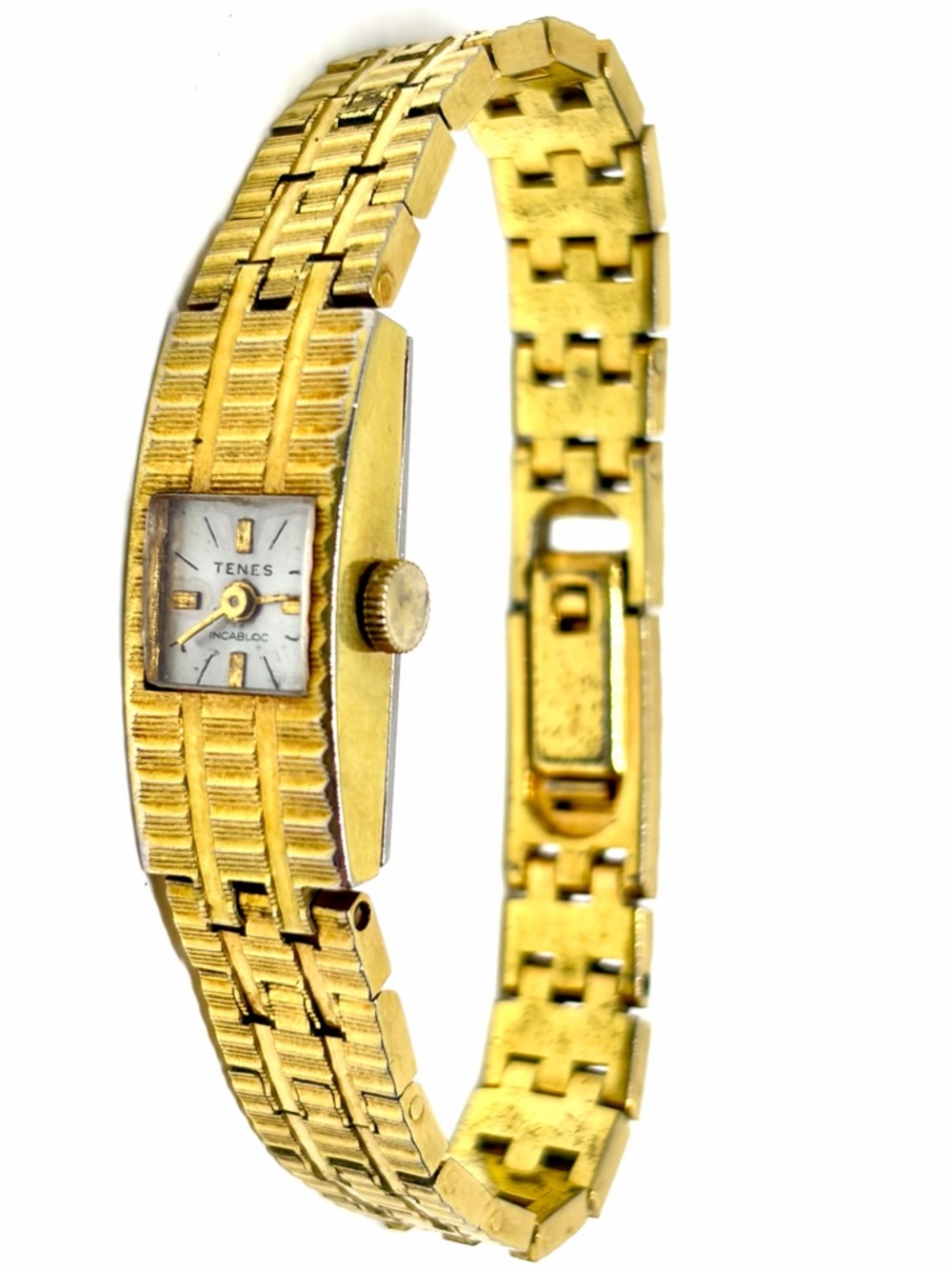 Vintage Tenes Gold Tone Incabloc Women’s Mechanical Wind Watch Bracelet WORKING